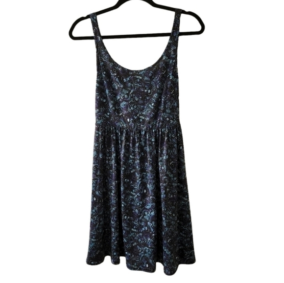 Hot Topic Sugar Skull Print Black Blue Purple Skater Dress Day of the Dead - Picture 2 of 9